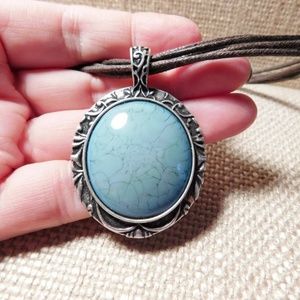 Large Blue Stone Silver + Cord Collar Neck